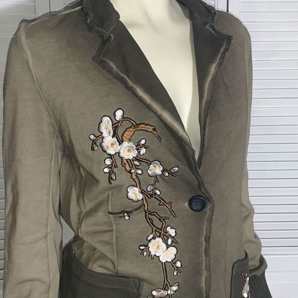 NWT Soft Surroundings Women’s Boho Mixed Media Floral Embroidered Olive Green Ja - Picture 2 of 14